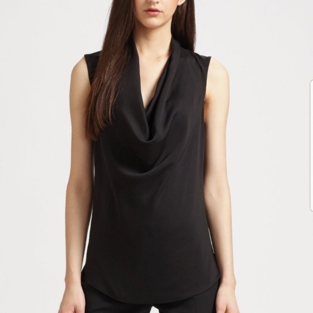 •Theory• Petite Codey Silk Cowlneck Black